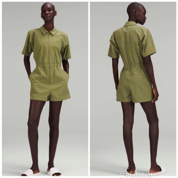 lululemon athletica Pants - Lululemon lab Bronze Green Zip-Front Collared Romper w/ Pockets | Size 8 EUC